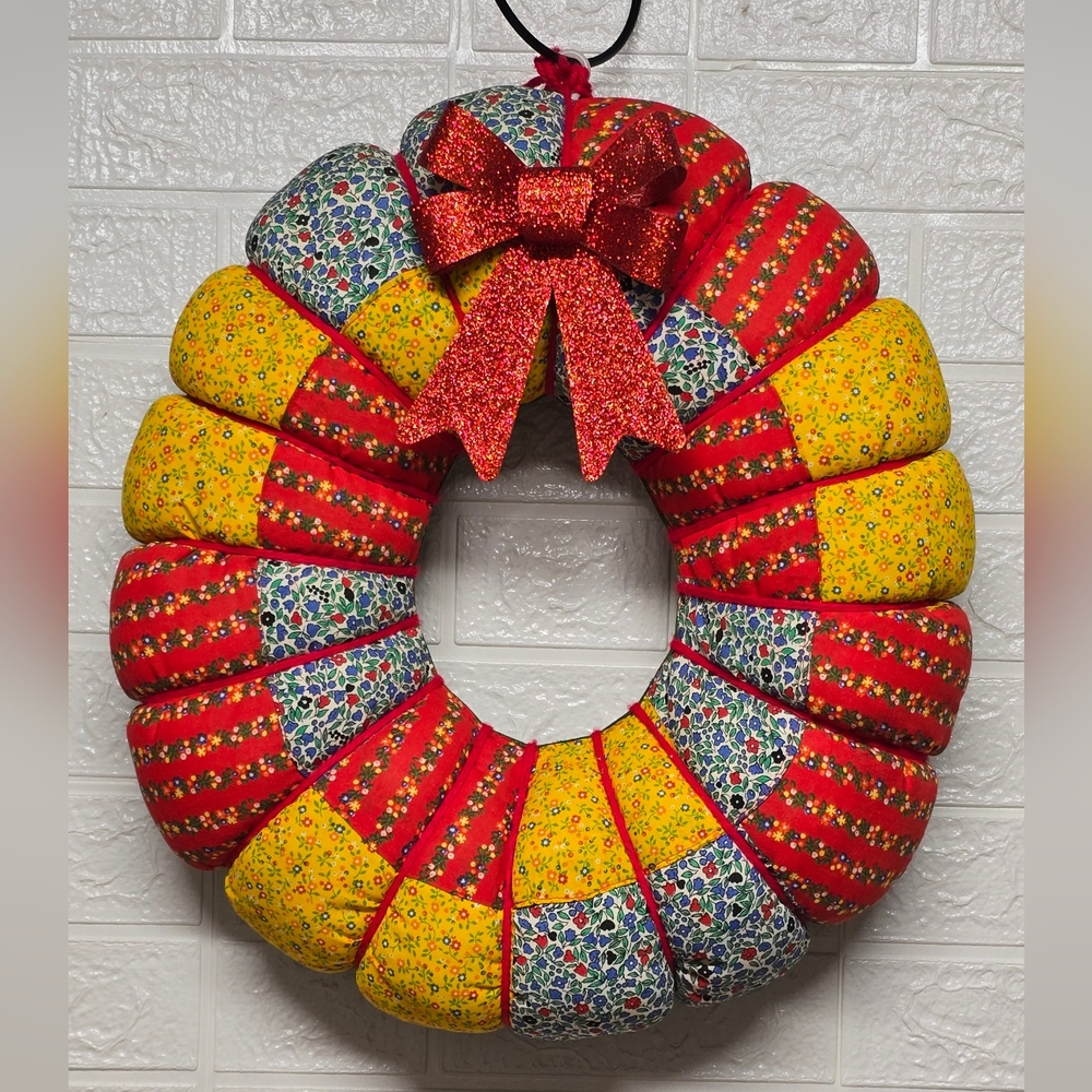 1970's Colorful Retro Patchwork Wreath with Red Glitter Bow
